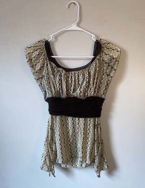 Brown And Tan Circle Print Mesh blouse With Brown Waist Band